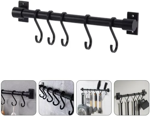 Vista 8 de Kichvoe Perchas de metal, 1 juego de utensilios de cocina, estante para ollas, barra de cacerola, colgador de pared de cocina, colgador de cucharas