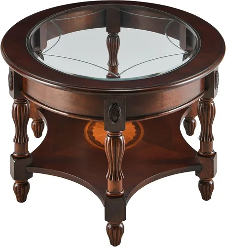 Vista 5 de Mesa de centro tradicional con parte superior de vidrio templado y estante de almacenamiento, marco de madera maciza para sala de estar, centro