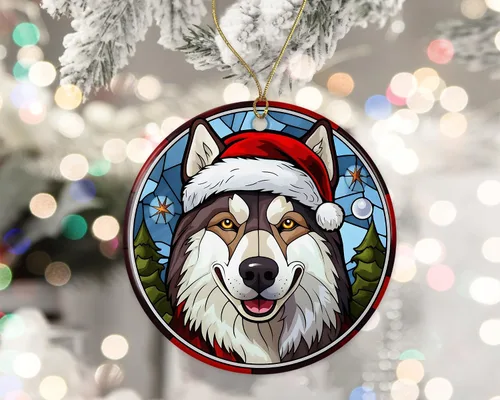 Vista 2 de Husky - Adorno de cerámica de vitral de Navidad, adorno colgante para árbol de Navidad, adorno de vitral de perro, adorno religioso para cristianos