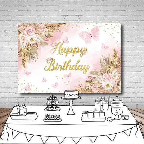 Vista 4 de MEHOFOND Telón de fondo bohemio de feliz cumpleaños de 7 x 5 pies para niñas, color rosa rubor, floral, bohemio, hierba de pampas, pasteles