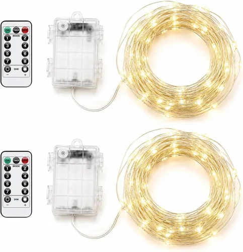 Vista 7 de Metaku - Juego de 2 tiras de luces de hadas de 33 pies con 100 LED, luces LED parpadeantes que funcionan con pilas, con control remoto