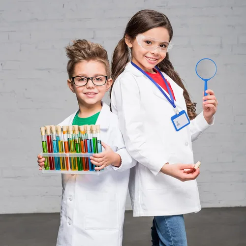 Vista 3 de Tarpop Kit de disfraz de laboratorio para niños, abrigo de médico, gafas, tarjeta de identificación para proyectos, disfraz de científico