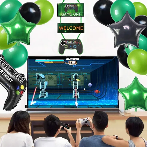 Vista 2 de Suministros de fiesta de videojuegos para niños y niñas, pancarta de juegos de feliz cumpleaños, decoración colgante de bienvenida, globos