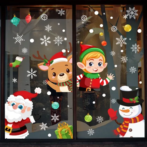 Vista 6 de 72 piezas de calcomanías de Navidad para ventanas de vidrio, calcomanías de copo de nieve de doble cara para ventanas de Navidad, calcomanías