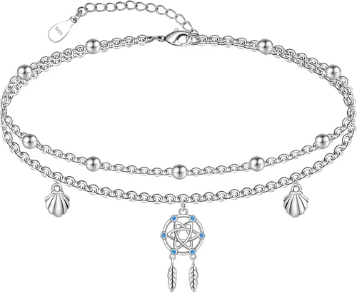 Vista 127 de CHIC & ARTSY Tobilleras delicadas de plata de ley S925 para verano, pulsera de tobillo ajustable multicapa para playa, joyería de pie para mujer