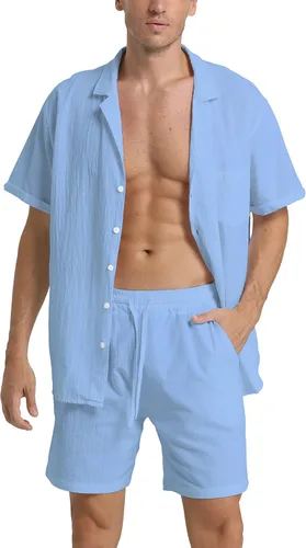 Vista 32 de RPOVIG Conjunto corto de camisa de lino: conjunto casual de 2 piezas con botones para hombre