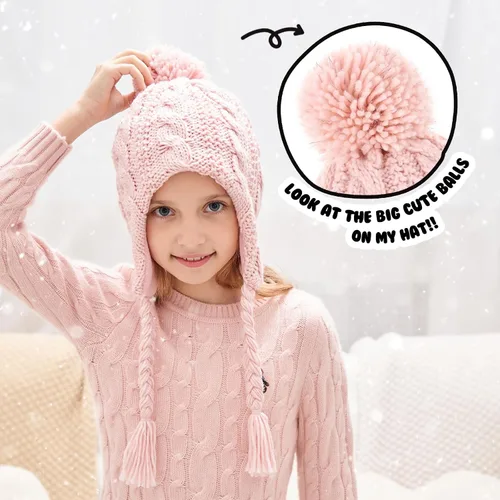 Vista 3 de Otoyzy Gorro peruano de invierno con orejeras y forro polar con pompón para niñas de 3 a 10 años