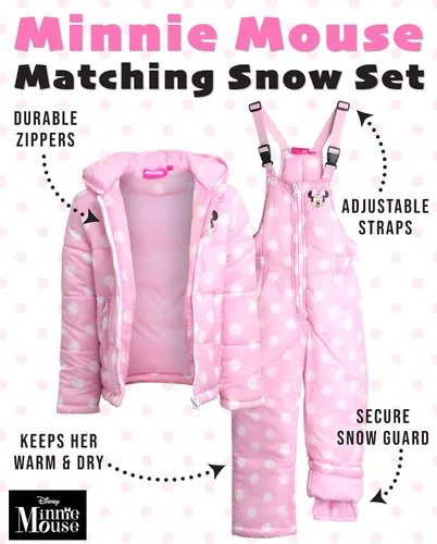 Vista 2 de Disney Traje de nieve de Minnie Mouse para niña, chaqueta de esquí de 2 piezas con orejas 3D y pantalones de esquí con peto de nieve, overol niños