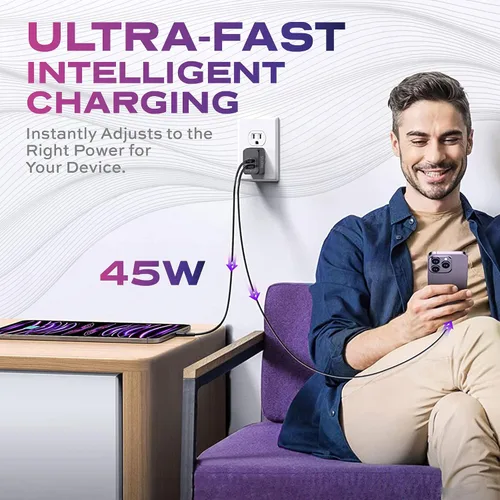 Vista 7 de STATIK Adaptador de corriente GaN de carga rápida - 48W Dual USB C y USB - Cargador compacto plegable para iPhone, iPad, Samsung, Pixel - Protección