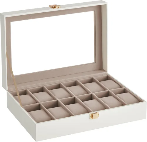 Vista 7 de SONGMICS Caja de reloj, caja de reloj de 12 ranuras con tapa de vidrio grande, almohadas extraíbles para reloj, organizador de caja de reloj, regalo
