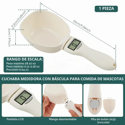 Vista 4 de Cuchara medidora digital simple 4 en 1 unidad, 28.22 oz/0.04 oz de alta precisión, pantalla LED, mango extraíble, ideal para alimentos de mascotas