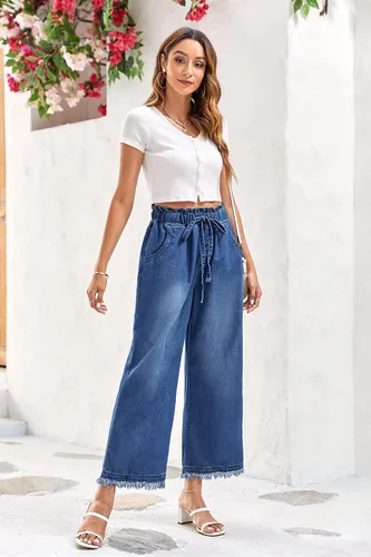 Vista 9 de Valphsio Pantalones de mezclilla holgados de pierna ancha para mujer, cintura con lazo en la cintura, culottes de cambray, pantalones con borlas