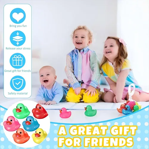 Vista 5 de Leitee 24 patos surtidos de patos de goma con purpurina para niños, mini patos con purpurina colorida de color neón, juguetes de baño para regalos