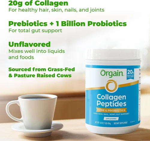 Vista 4 de Orgain - Péptidos de colágeno hidrolizado + Polvo de prebióticos y probióticos para mujeres y hombres, 20 g de colágeno alimentado con pasto, 1 mil