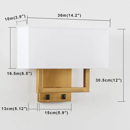 Vista 4 de PERMO Aplique de pared con acabado dorado antiguo, doble aplique con pantallas textiles blancas y botón de encendido y apagado para sala de estar