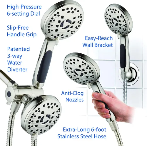 Vista 6 de Cabezal de ducha de alta presión de 48 modos de lujo, combo de 3 vías – Regadera de lluvia doble y de mano – Manguera de acero inoxidable de 6 pies