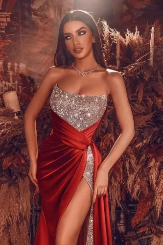 Vista 2 de Vestidos de fiesta de lentejuelas brillantes, vestido de dama de honor de sirena 2024 con tubo de hendidura, vestido formal de noche de satén