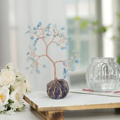 Vista 3 de TUMBEELLUWA Árbol de dinero con piedras de cristal natural para decoración de Feng Shui, figura de árbol bonsái de piedra de alambre de cobre