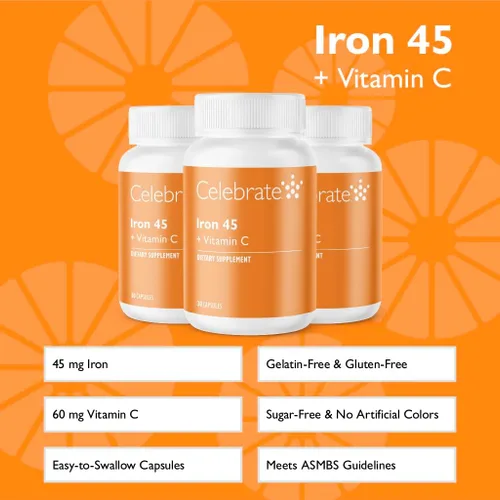 Vista 2 de Suplemento de hierro con vitamina C, 45 mg de hierro, 60 mg de vitamina C, vitaminas bariátricas para pacientes con WLS, manga vertical y cirugía