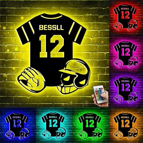 Vista 13 de Letrero de metal de béisbol personalizado con luz LED, nombre de camiseta de béisbol personalizable, número, decoración de pared, regalo para casco