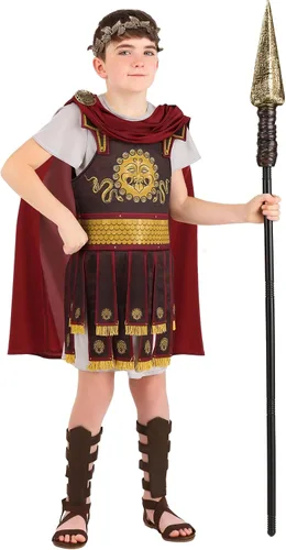 Vista 3 de Roman Warrior Costume for Kids, Boy's Gold Adorned Brown Tunic with Red Cape and Leaf Circlet