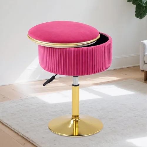 Vista 11 de Taburete de tocador ajustable con almacenamiento, silla taburete de maquillaje giratorio de 360°, otomana redonda pequeña de terciopelo con base