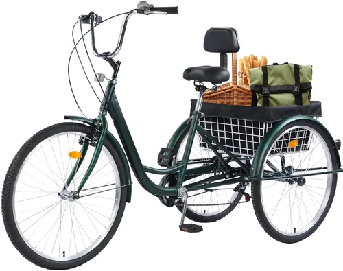 Vista 10 de Triciclo para adultos de 26 pulgadas, bicicletas de 7 velocidades y 3 ruedas, asiento grande con respaldo, triciclo para adultos con cestas