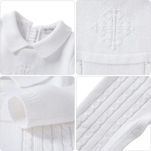 Vista 5 de Booulfi Traje de bautizo para bebé niño con sombrero, detalle de cruz