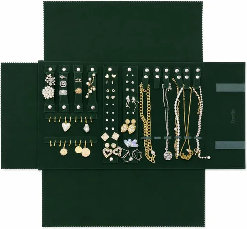Vista 16 de UnionPlus - Estuche de terciopelo para joyería de viaje, bolsa enrollable para collares, pulseras, gran organizador de joyas para viajes, multi Beige