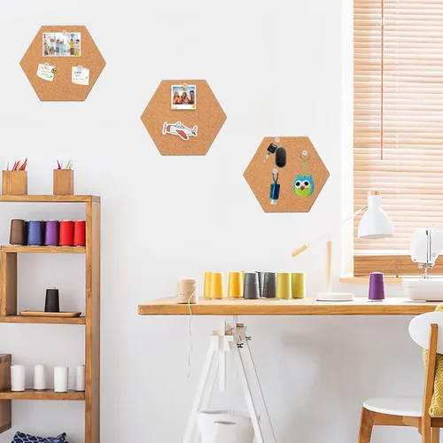 Vista 5 de FEBSNOW Paquete de 3 Azulejos de Tablero de Corcho Autoadhesivos Hexagonales Mini Tablero de Anuncios de Pared con 50 Chinchetas Multicolor