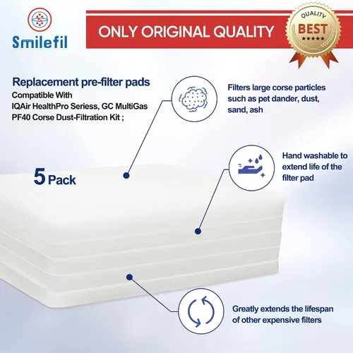 Vista 4 de Smilfil PF40 - Paquete de 5 almohadillas de repuesto para prefiltro compatibles con IQAir PF40 Purificador de aire de prefiltración de polvo grueso