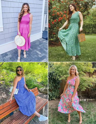 Vista 8 de ZESICA - Vestido largo de verano bohemio con estampado floral de un hombro sin mangas fruncido con volantes y volantes para la playa