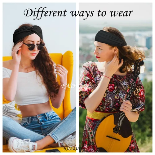 Vista 5 de Hjiaruiky 2 diademas de turbante para mujer, bohemias, elásticas, a la moda, de tela anudada, bonita, gruesa, para mujeres y niñas, color negro