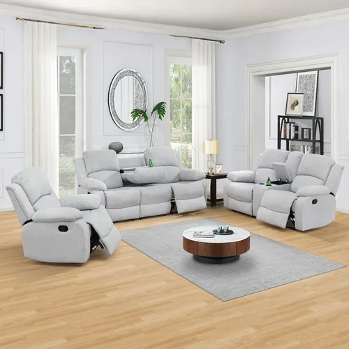 Vista 16 de Sofá reclinable manual, sofá reclinable con portavasos de 3 asientos, sofá de 3 asientos con mesa auxiliar desplegable para sala de estar, oficina