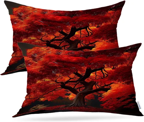 Vista 40 de Batmerry Fundas de almohada de bosque de arce otoñal, casas de sillas de madera, hojas amarillas, fundas de almohada decorativas, impresión digital
