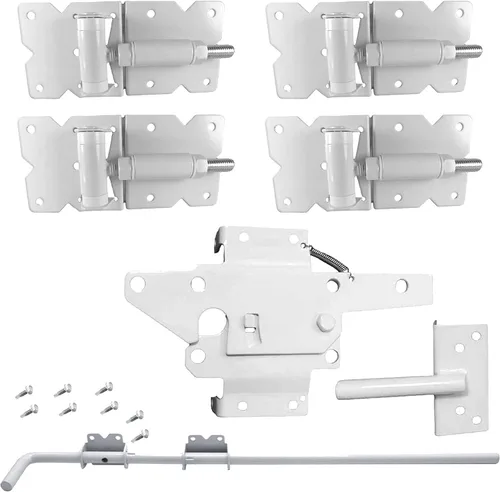 Vista 8 de Kit de herrajes para valla de vinilo de cierre automático, color blanco, puerta individual con 2 bisagras y pestillo