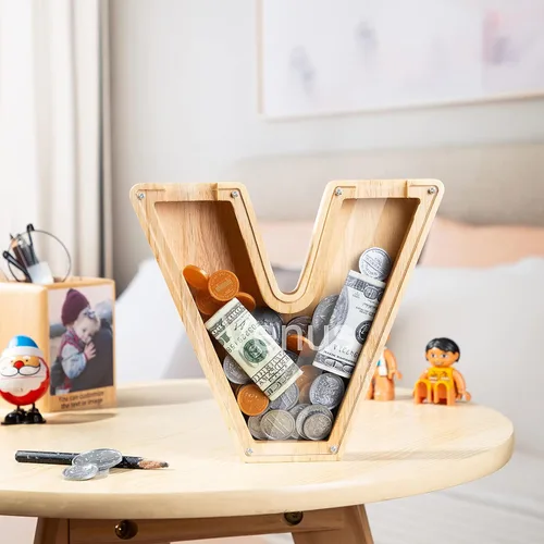 Vista 4 de Wooden Piggy Bank Personalized 26 English Alphabet Letter Coin Bank Custom Money Box Wooden Piggy Bank Gift for Kids Christmas Birthday Gift Home