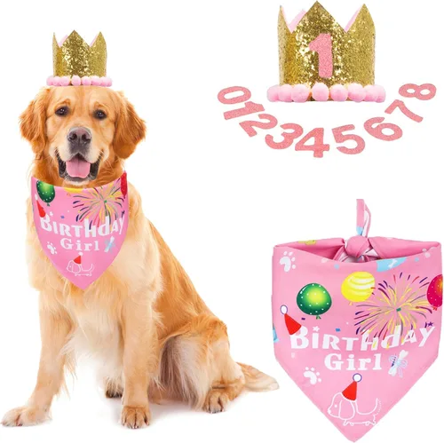 Vista 8 de ADOGGYGO - Bandana de cumpleaños para perro, sombrero de cumpleaños azul, números de edad, talla S 3 tamaños, bandana transpirable, corona dorada