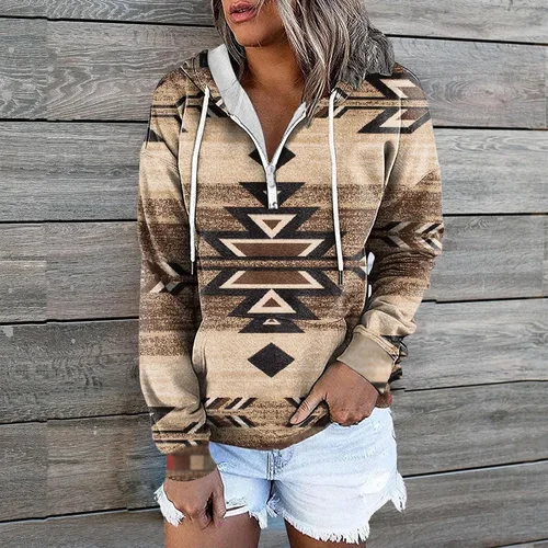 Vista 2 de Sudaderas con capucha estilo étnico azteca occidental para mujer, estilo casual, folk, manga larga, con bolsillo
