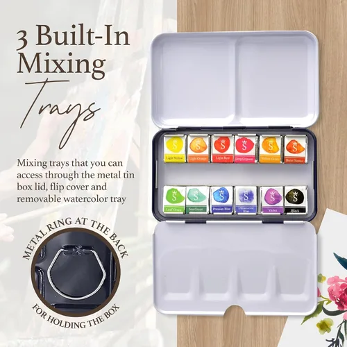 Vista 4 de SCHPIRERR FARBEN – Juego de pinturas de acuarela con pigmento rico, juego de acuarela para adultos y niños, paleta de pintor portátil en una caja