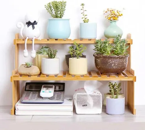 Vista 2 de Estante de plantas de bambú de 2 niveles de 14.6"/10.8"/18.5"/22.8", soporte para macetas de flores de escritorio, estante de escritorio ajustable