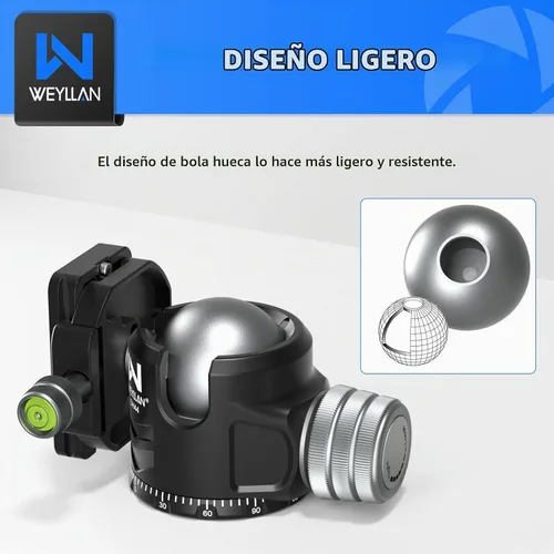 Vista 5 de Cabeza de trípode 44mm de perfil bajo, WEYLLAN DH44 cabeza de bola panorámica de 360 grados de metal con dos placas de liberación rápida, cabeza
