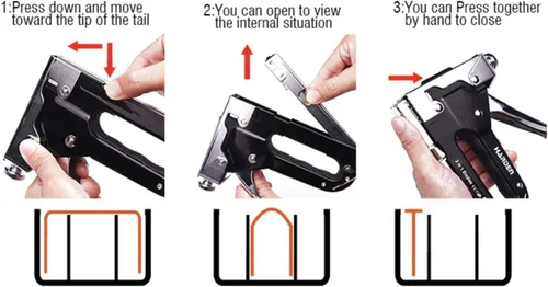 Vista 5 de Edward Tools Pro 3 en 1 - Pistola de grapas resistente con 600 grapas, para tapicería, madera, jardín, alambre, muebles, techos, grapas tipo D, U