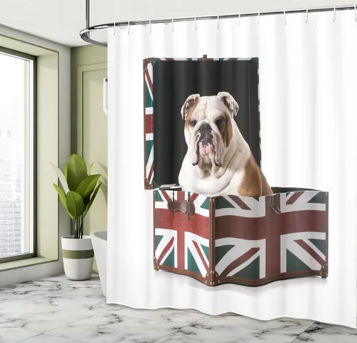 Vista 4 de Ambesonne Cortina de ducha de Bulldog Inglés, Bulldog sentado en Union Jack Britain, diseño patriótico, juego de decoración de baño de tela