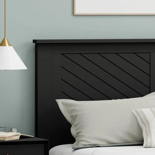 Vista 4 de ComfIQ Serene - Cabecera de madera de álamo tamaño completo en negro, panel de granja moderno con ranurado en chevron, estilo costero casual, fácil