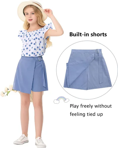 Vista 2 de Conjunto de 2 piezas de verano para niñas, camiseta y falda con estampado de lunares, camiseta y falda con pantalones cortos, de 3 a 11 años