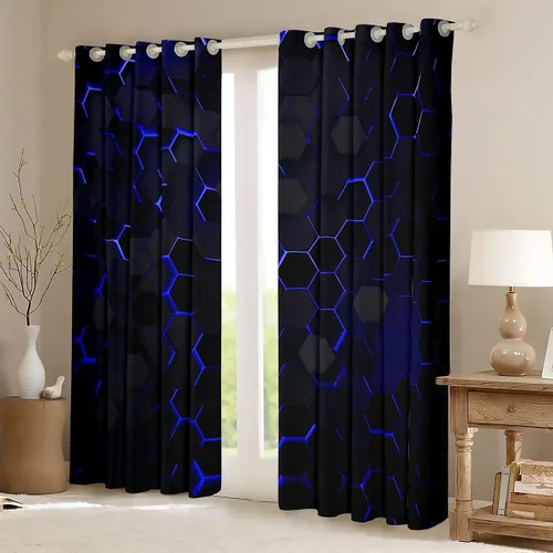 Vista 2 de Cortinas opacas negras de panal de abeja con luces de neón azul real, tratamientos de ventana con estampado geométrico hexagonal, decoración