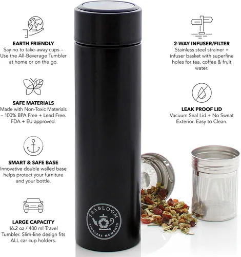 Vista 2 de Teabloom - El vaso y termo de viaje ORIGINAL All-Brew El favorito de OPRAH Botella de agua aislada de 16oz/480ml / frasco de té / taza de café
