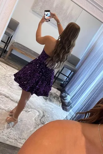 Vista 4 de Xijun Sequin Homecoming Dresses Short for Teens Sparkly Spaghetti Strap Prom Dress Cocktail Party Gown