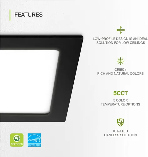 Vista 3 de ASD Paquete de 6 luces LED empotrables cuadradas de 6 pulgadas, 5 CCT 2700K-5000K CRI90+, 15 W 60 W Eqv, luces de techo ultra finas y regulables